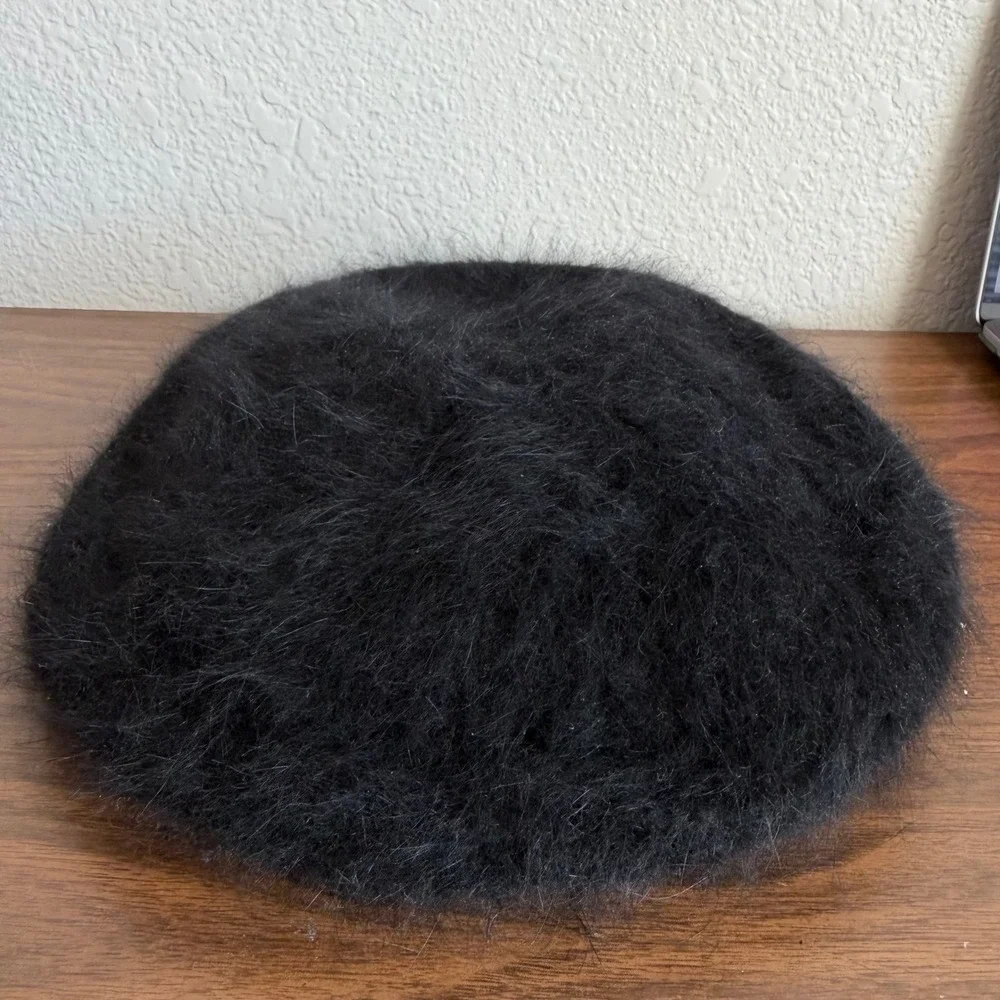 Vintage Fuzzy Black Angora Rabbit Hair Newsboy Cap Baker Boy Hat Preppy 90's Y2K
